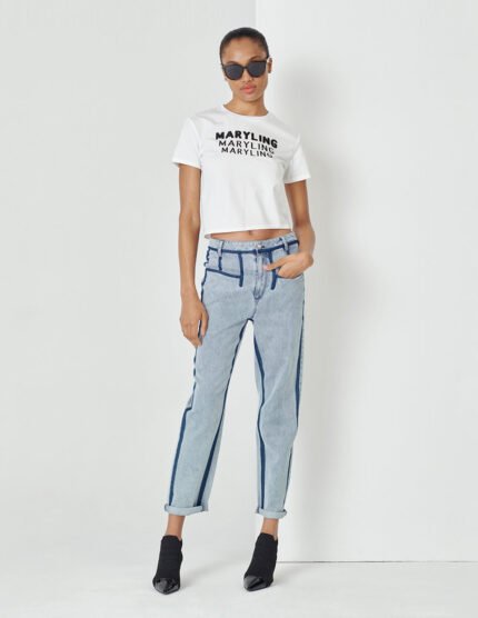 MARYLING White Beaded Logo Cropped T-Shirt